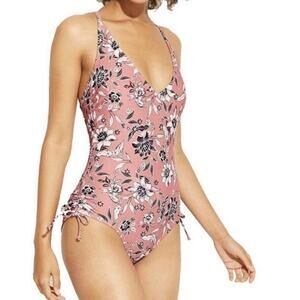 KONA SOL‎ V Neck One Piece Swimsuit Womens Bathing Suit - Pink Floral Sz Medium